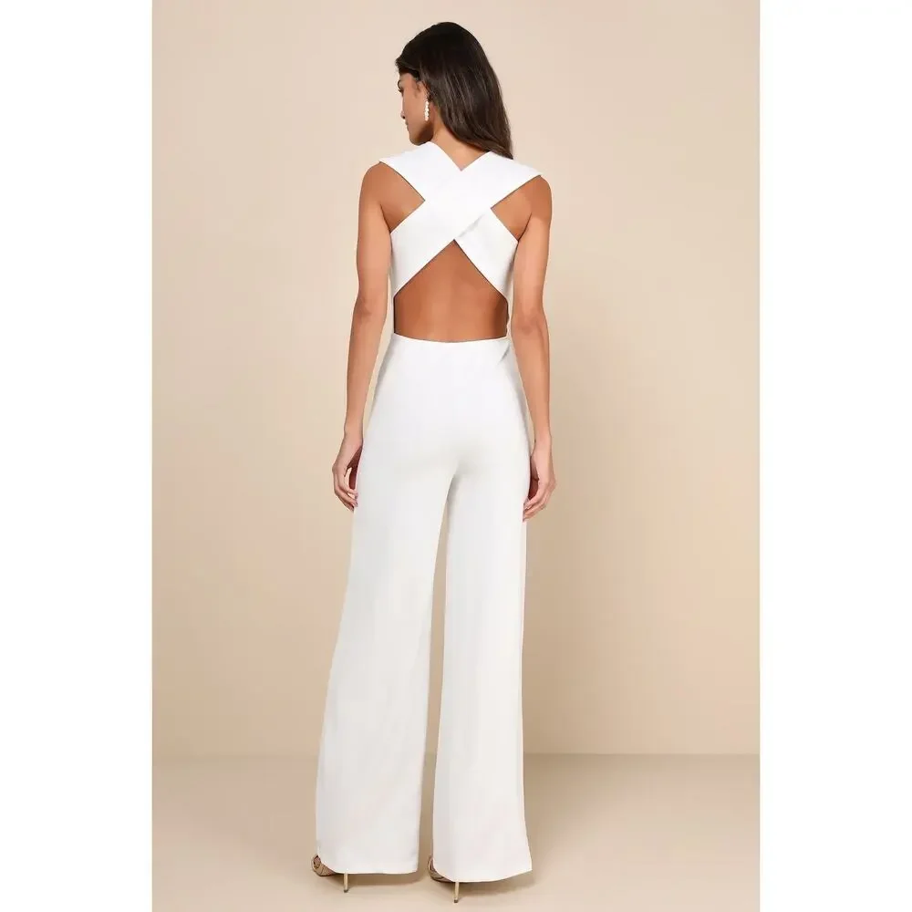 NWT Lulus Thinking Out Loud White Backless Jumpsuit Cocktail Classy Size XS